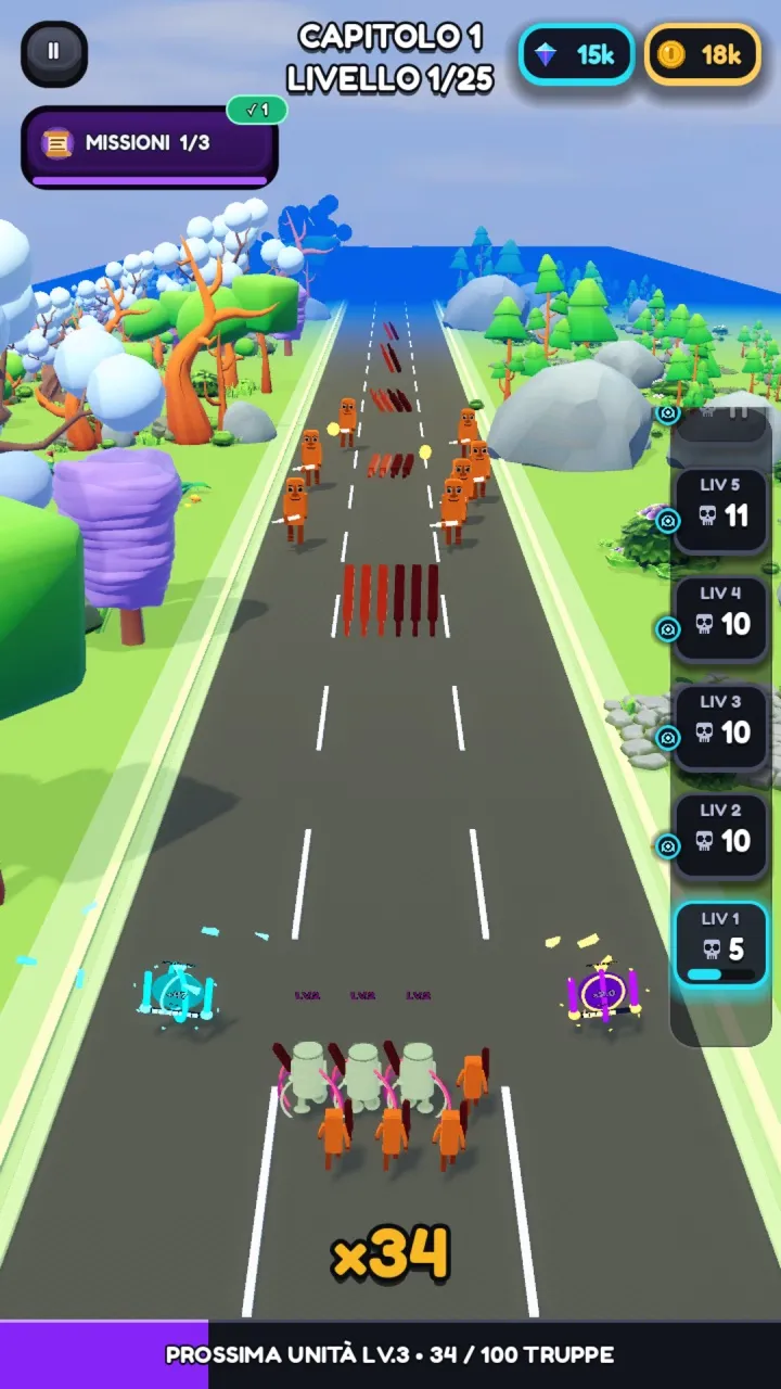 Gameplay: a crowd of 34 runners on the road between multiplier gates and barricades, enemy mobs ahead, and the chapter 1, level 1 of 25 counter at the top.