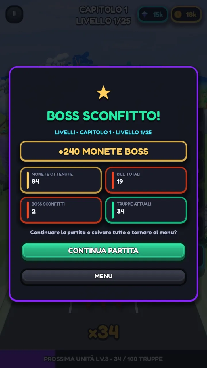 Boss victory panel: boss defeated, plus 240 boss coins, with coins earned, total kills, bosses defeated and troops left listed underneath.
