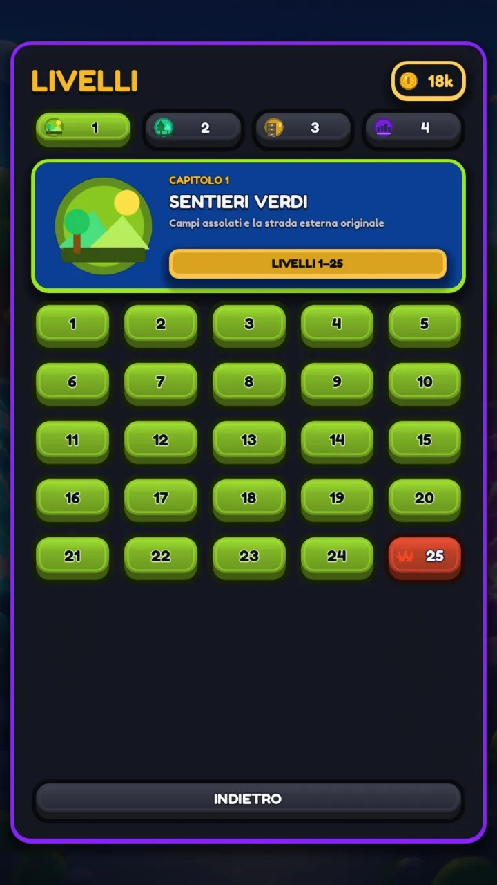 Level select: chapter tabs 1 to 4, chapter 1 open on its 25 levels, and level 25 marked with a boss icon.