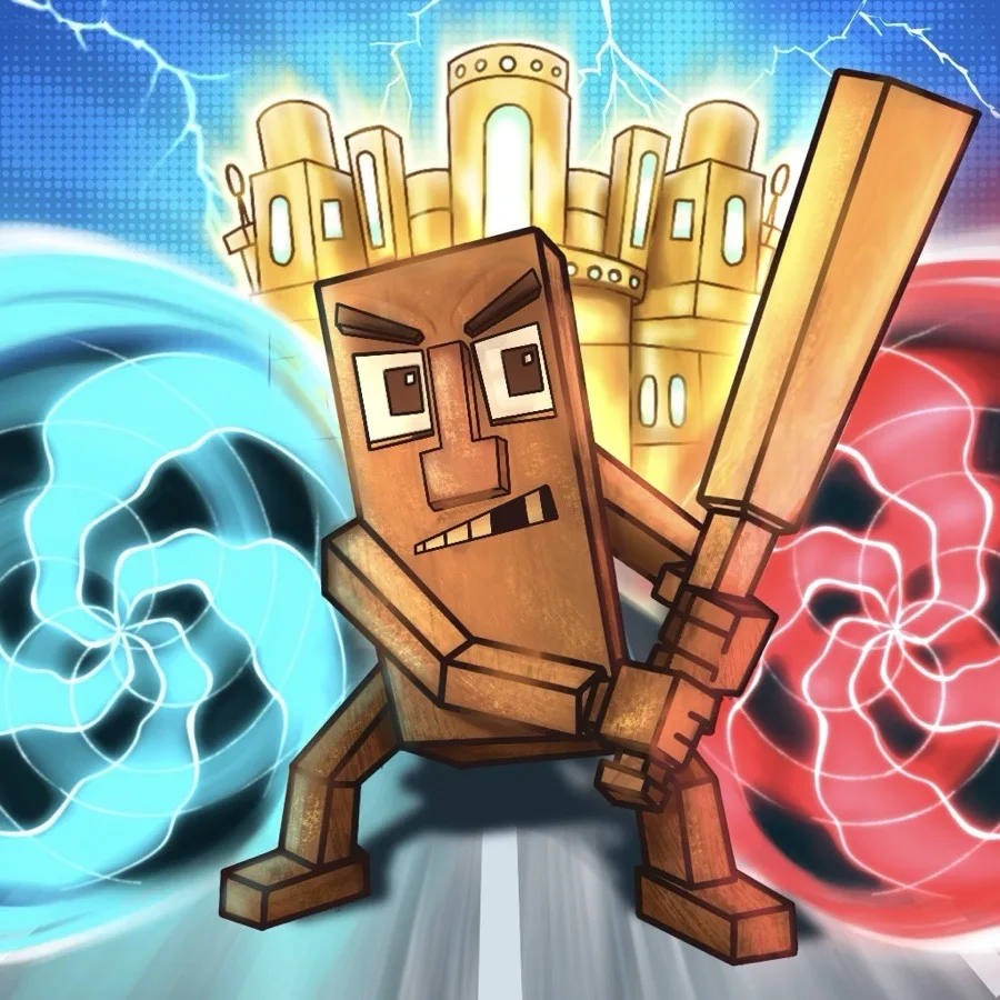 Boss art: an angry voxel block character swinging a bat in front of a golden castle, between a cyan and a red shockwave.