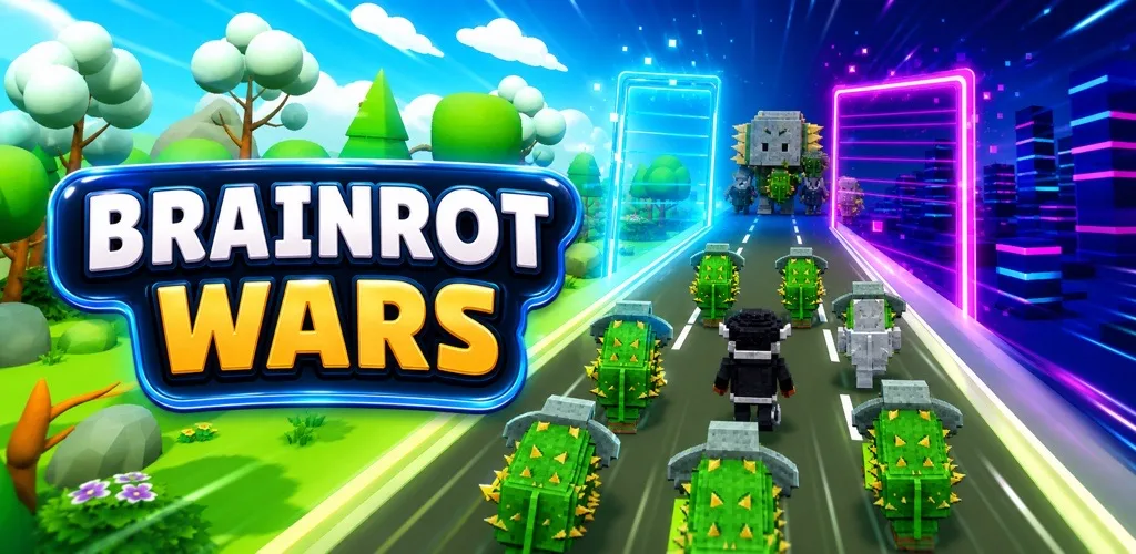 BrainrotWar feature art: voxel brainrot characters running along a road towards a castle.