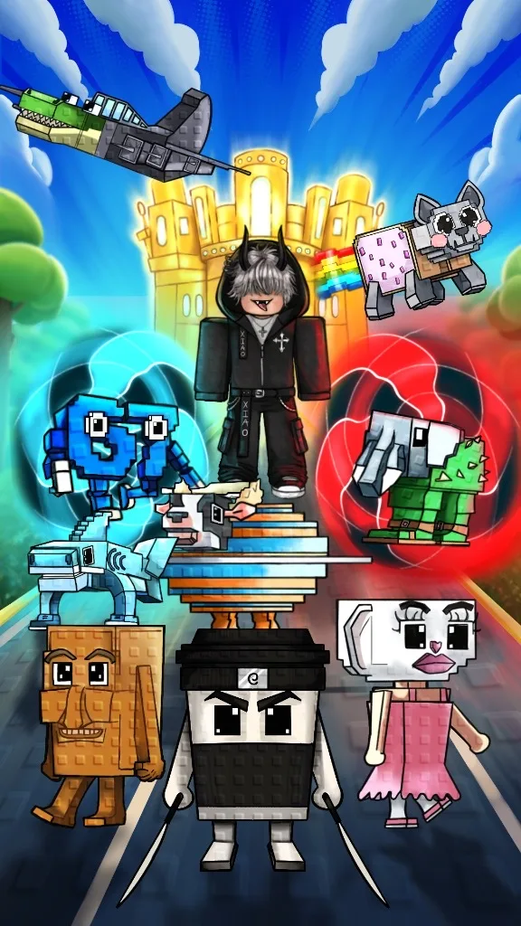 BrainrotWar key art: a crowd of voxel brainrot characters charging towards a golden castle.