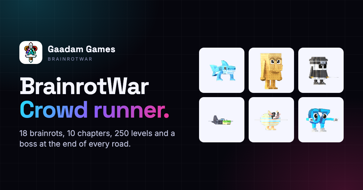 BrainrotWar social card with six character portraits and the line "Crowd runner."
