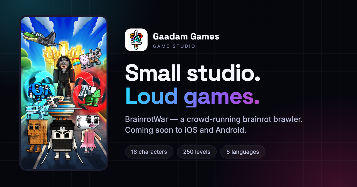 Gaadam Games social card with the key art, the studio logo and the line "Small studio. Loud games."