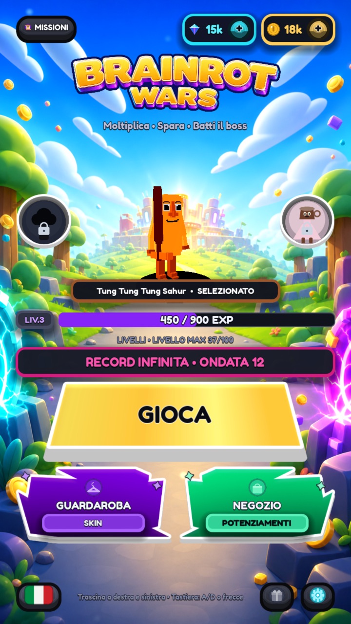 BrainrotWar screenshot: the home screen with the play button and the current character.