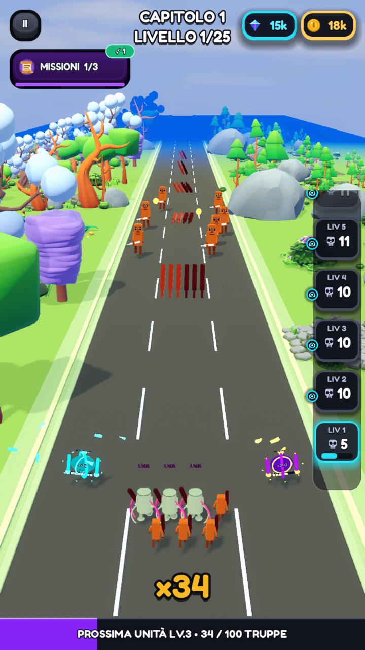 BrainrotWar screenshot: a run in progress, with a crowd of characters passing through multiplier gates.